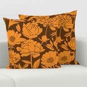 Peonies silhouette floral - Bright orange peony flowers on a 70s brown background - large