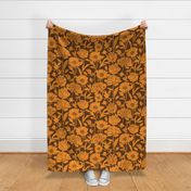 Peonies silhouette floral - Bright orange peony flowers on a 70s brown background - large