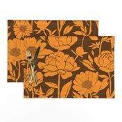 Peonies silhouette floral - Bright orange peony flowers on a 70s brown background - large