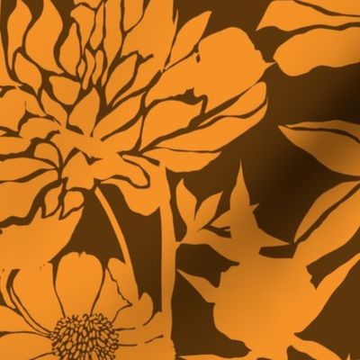 Peonies silhouette floral - Bright orange peony flowers on a 70s brown background - large