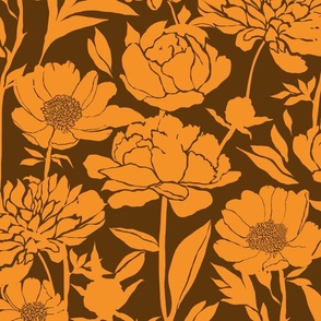 Peonies silhouette floral - Bright orange peony flowers on a 70s brown background - large