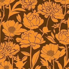 Peonies silhouette floral - Bright orange peony flowers on a 70s brown background - medium