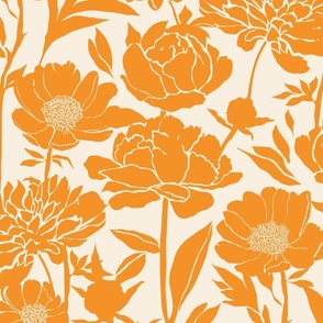 Peonies silhouette floral - Bright orange peony flowers on a creamy white background - large