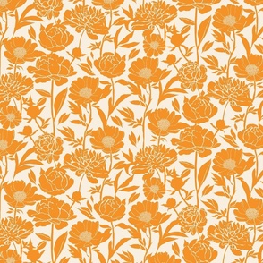 Peonies silhouette floral - Bright orange peony flowers on a creamy white background - medium hb