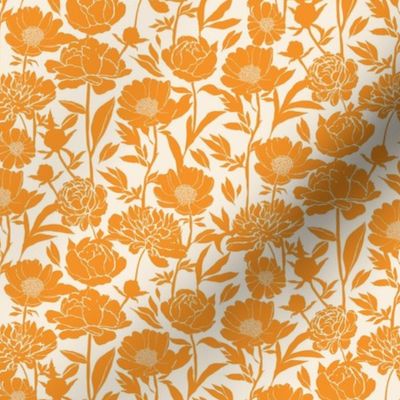Peonies silhouette floral - Bright orange peony flowers on a creamy white background - small