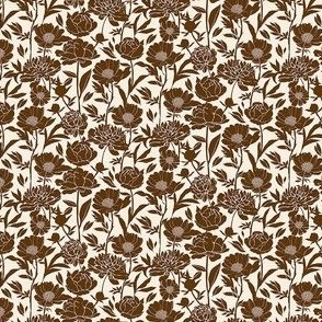 Peonies silhouette floral - 70s brown peony flowers on a creamy white background - extra small