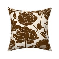 Peonies silhouette floral - 70s brown peony flowers on a creamy white background - large