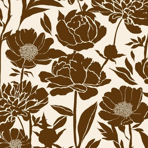 Peonies silhouette floral - 70s brown peony flowers on a creamy white background - large