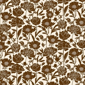 Peonies silhouette floral - 70s brown peony flowers on a creamy white background - medium