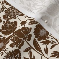 Peonies silhouette floral - 70s brown peony flowers on a creamy white background - small