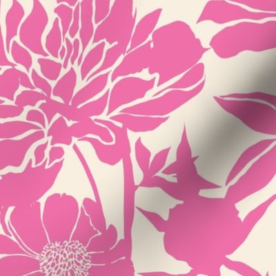 Peonies silhouette floral - Hot Pink peony flowers on a creamy white background - large