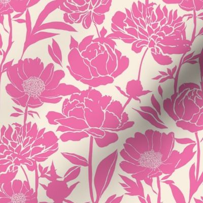 Peonies silhouette floral - Hot Pink peony flowers on a creamy white background - medium