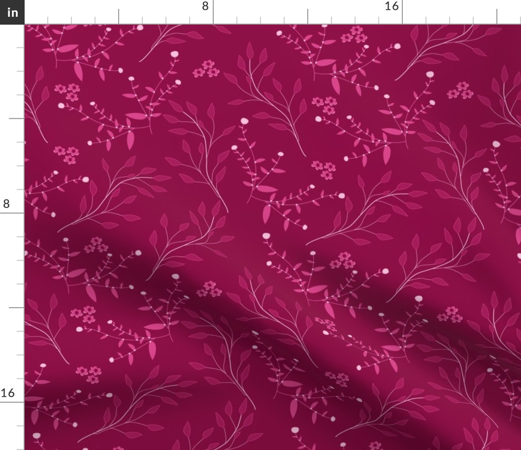 magenta-red floral and leaves - hand drawn