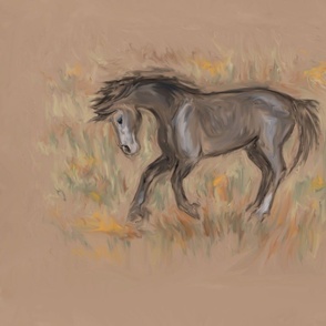 Blue Roan Horse Crayon on Brown Paper for Pillow