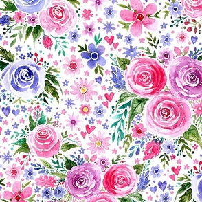 MEDIUM Loose Expressive Watercolor Floral Roses in Pink and Purple on White (Valentines Hugs and Kisses Collection)