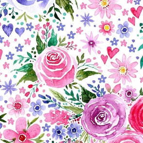 LARGE Loose Expressive Watercolor Floral Roses in Pink and Purple on White (Valentines Hugs and Kisses Collection)