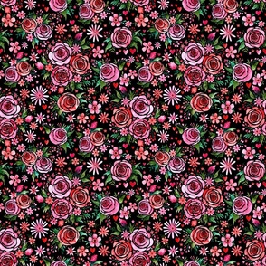 SMALL Loose Expressive Watercolor Floral Roses in Pink and Red on Black (Valentines Hugs and Kisses Collection)