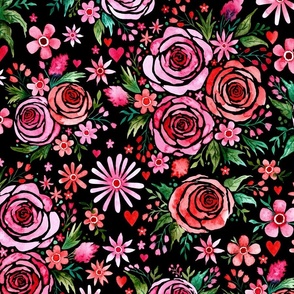 MEDIUM Loose Expressive Watercolor Floral Roses in Pink and Red on Black (Valentines Hugs and Kisses Collection)