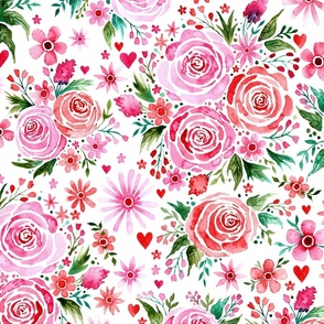 MEDIUM Loose Expressive Watercolor Floral Roses in Pink and Red on White (Valentines Hugs and Kisses Collection)