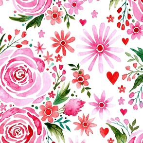 LARGE Loose Expressive Watercolor Floral Roses in Pink and Red on White (Valentines Hugs and Kisses Collection)