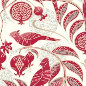 Pomegranates and Cardinals- Fruit and Birds- Viva Magenta- Natural Background- Festive Holidays Red and Gold- Luxurious Christmas- eJumbo