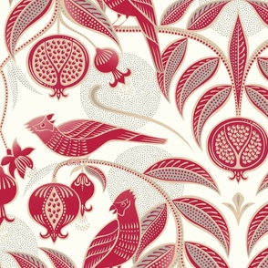 Pomegranates and Cardinals- Fruit and Birds- Viva Magenta- Natural Background- Festive Holidays Red and Gold- Luxurious Christmas- Extra Large