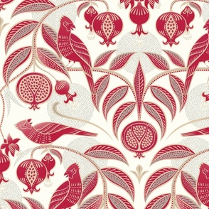 Pomegranates and Cardinals- Fruit and Birds- Viva Magenta- Natural Background- Festive Holidays Red and Gold- Luxurious Christmas- Large