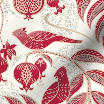 Pomegranates and Cardinals- Fruit and Birds- Viva Magenta- Natural Background- Festive Holidays Red and Gold- Luxurious Christmas- Medium