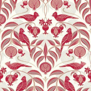 Pomegranates and Cardinals- Fruit and Birds- Viva Magenta- Natural Background- Festive Holidays Red and Gold- Luxurious Christmas- Medium