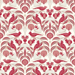 Pomegranates and Cardinals- Fruit and Birds- Viva Magenta- Natural Background- Festive Holidays Red and Gold- Luxurious Christmas- Small