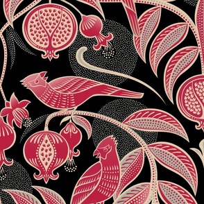 Pomegranates and Cardinals- Fruit and Birds- Viva Magenta- Black Background- Festive Holidays Red and Gold- Luxurious Christmas- eJumbo