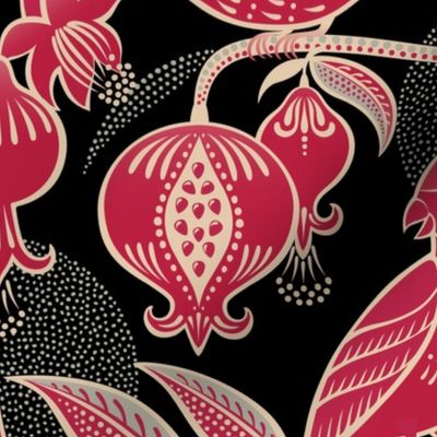 Pomegranates and Cardinals- Fruit and Birds- Viva Magenta- Black Background- Festive Holidays Red and Gold- Luxurious Christmas- Extra Large