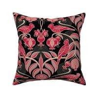 Pomegranates and Cardinals- Fruit and Birds- Viva Magenta- Black Background- Festive Holidays Red and Gold- Luxurious Christmas- Medium