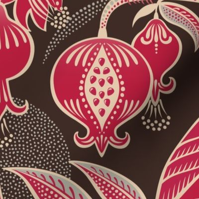 Pomegranates and Cardinals- Fruit and Birds- Viva Magenta- Dark Oak Brown Background- Festive Holidays Red and Gold- Luxurious Christmas- eJumbo