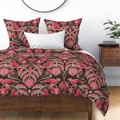 Pomegranates and Cardinals- Fruit and Birds- Viva Magenta- Dark Oak Brown Background- Festive Holidays Red and Gold- Luxurious Christmas- eJumbo