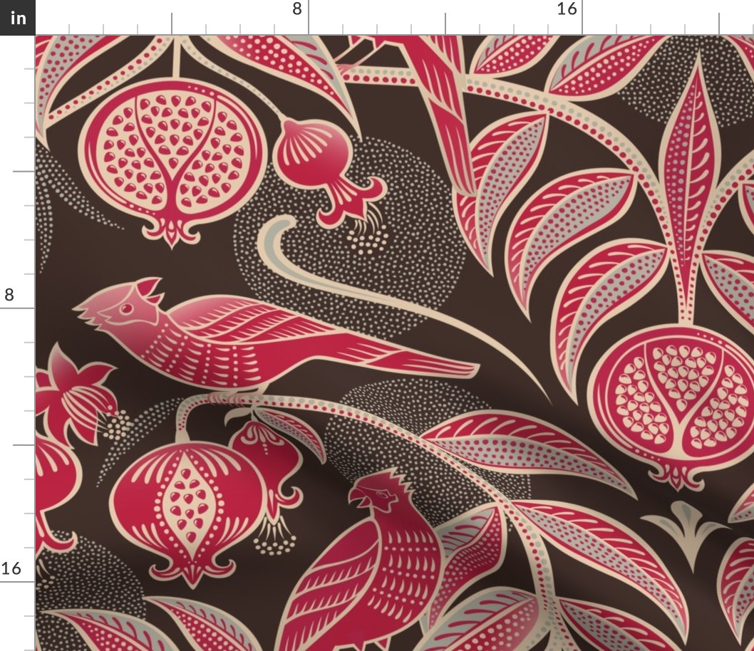 Pomegranates and Cardinals- Fruit and Birds- Viva Magenta- Dark Oak Brown Background- Festive Holidays Red and Gold- Luxurious Christmas- eJumbo
