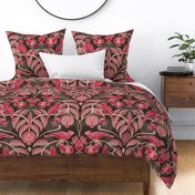 Pomegranates and Cardinals- Fruit and Birds- Viva Magenta- Dark Oak Brown Background- Festive Holidays Red and Gold- Luxurious Christmas- Extra Large