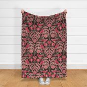 Pomegranates and Cardinals- Fruit and Birds- Viva Magenta- Dark Oak Brown Background- Festive Holidays Red and Gold- Luxurious Christmas- Extra Large