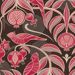 Pomegranates and Cardinals- Fruit and Birds- Viva Magenta- Dark Oak Brown Background- Festive Holidays Red and Gold- Luxurious Christmas- Extra Large