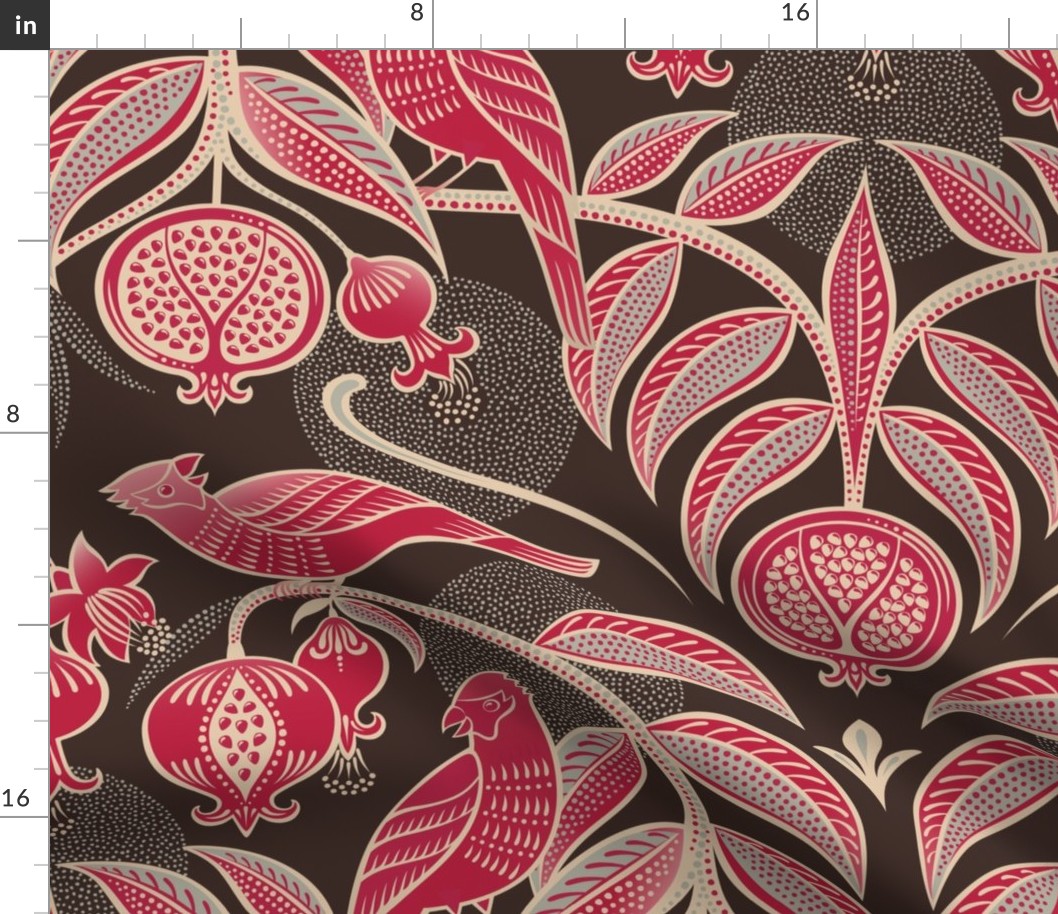 Pomegranates and Cardinals- Fruit and Birds- Viva Magenta- Dark Oak Brown Background- Festive Holidays Red and Gold- Luxurious Christmas- Extra Large