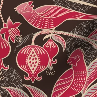 Pomegranates and Cardinals- Fruit and Birds- Viva Magenta- Dark Oak Brown Background- Festive Holidays Red and Gold- Luxurious Christmas- Large