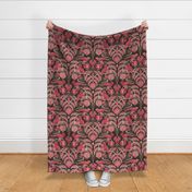 Pomegranates and Cardinals- Fruit and Birds- Viva Magenta- Dark Oak Brown Background- Festive Holidays Red and Gold- Luxurious Christmas- Large