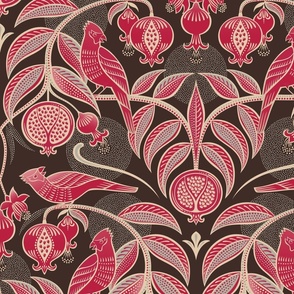 Pomegranates and Cardinals- Fruit and Birds- Viva Magenta- Dark Oak Brown Background- Festive Holidays Red and Gold- Luxurious Christmas- Large