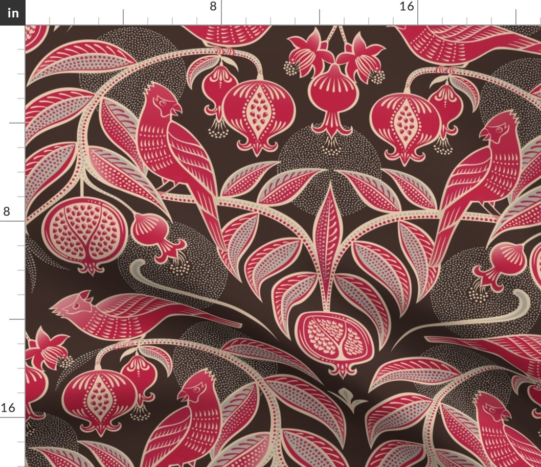 Pomegranates and Cardinals- Fruit and Birds- Viva Magenta- Dark Oak Brown Background- Festive Holidays Red and Gold- Luxurious Christmas- Large