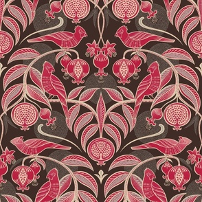 Pomegranates and Cardinals- Fruit and Birds- Viva Magenta- Dark Oak Brown Background- Festive Holidays Red and Gold- Luxurious Christmas- Medium