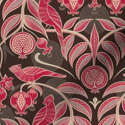 Pomegranates and Cardinals- Fruit and Birds- Viva Magenta- Dark Oak Brown Background- Festive Holidays Red and Gold- Luxurious Christmas- Small
