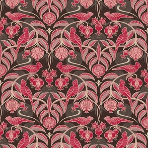 Pomegranates and Cardinals- Fruit and Birds- Viva Magenta- Dark Oak Brown Background- Festive Holidays Red and Gold- Luxurious Christmas- Small