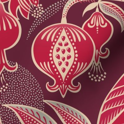 Pomegranates and Cardinals- Fruit and Birds- Viva Magenta- Burgundy Wine Background- Festive Holidays Red and Gold- Luxurious Christmas- eJumbo