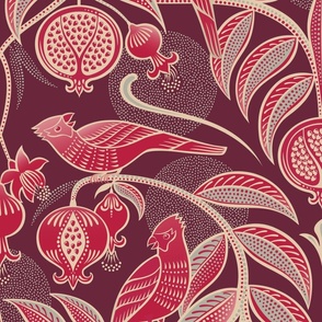 Pomegranates and Cardinals- Fruit and Birds- Viva Magenta- Burgundy Wine Background- Festive Holidays Red and Gold- Luxurious Christmas- eJumbo