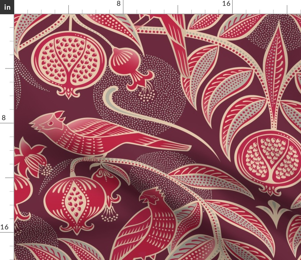 Pomegranates and Cardinals- Fruit and Birds- Viva Magenta- Burgundy Wine Background- Festive Holidays Red and Gold- Luxurious Christmas- eJumbo